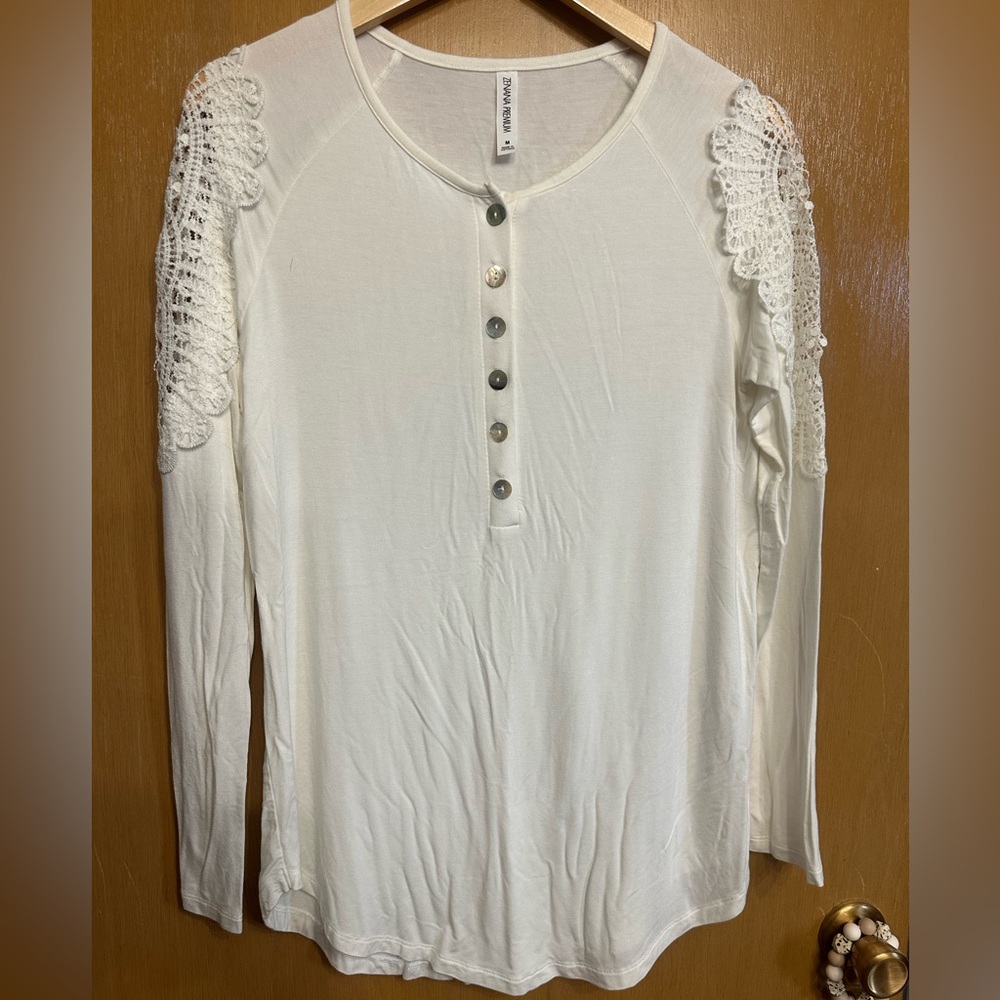 Zenana Outfitters White Long Sleeve Top with Lace Detail